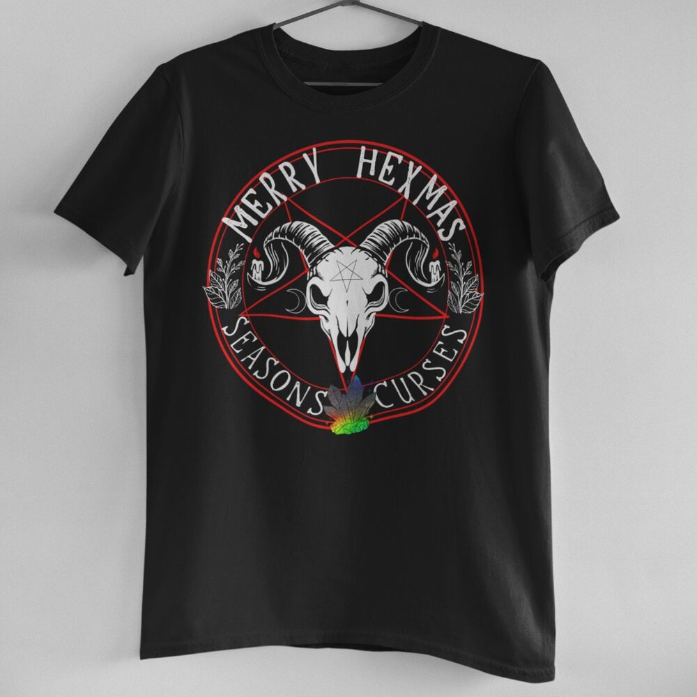 Merry Hexmas Seasons Curses Unisex Handcrafted Black Tee With Ram Skull Candle